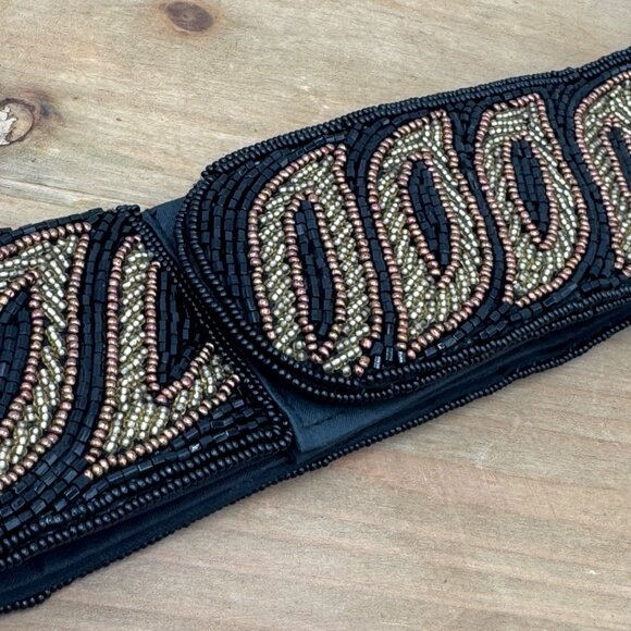 La Regale Fabric Beaded Black Gold Silver 2.25” WIDE Belt SZ S Hook Loop vintage - Picture 3 of 14